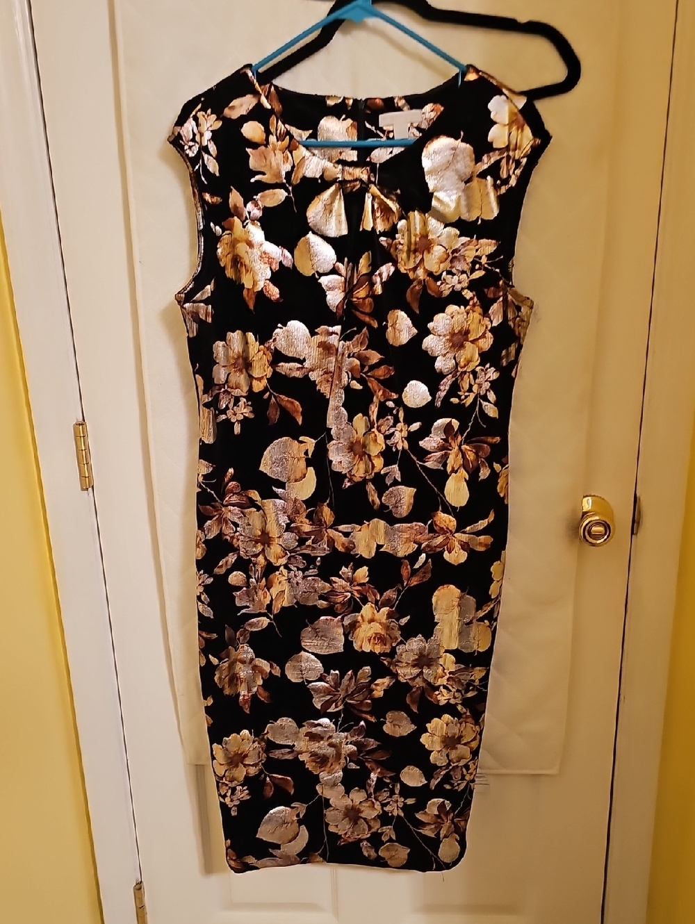 New York & Company Black Midi Dress with Gold Floral Jacquard Accents
